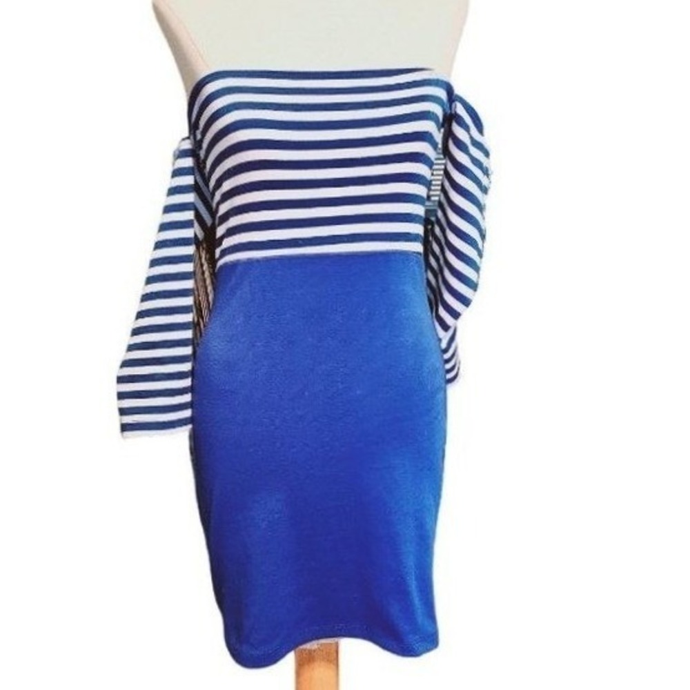 Sabora Bodycon midi dress size‎ Medium color block striped blue white